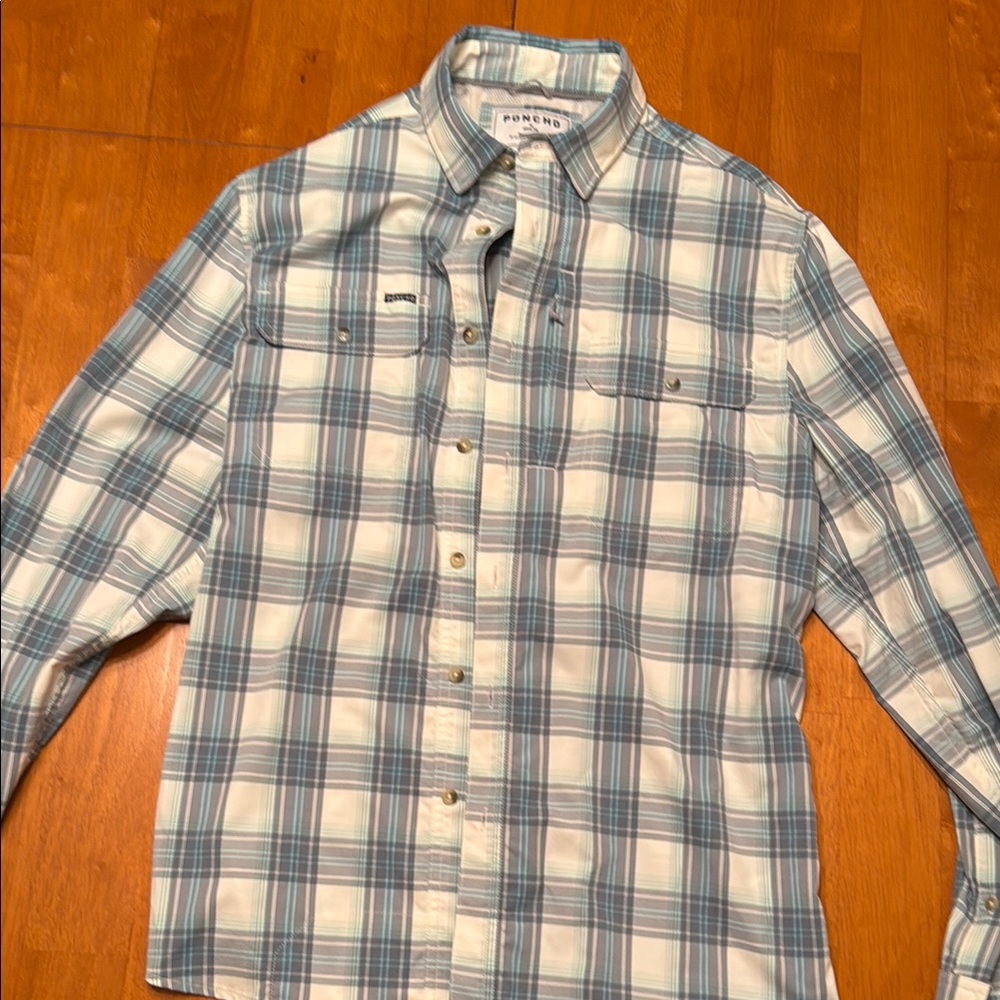 Poncho Outdoors Blue and White Casual Button Down Shirt